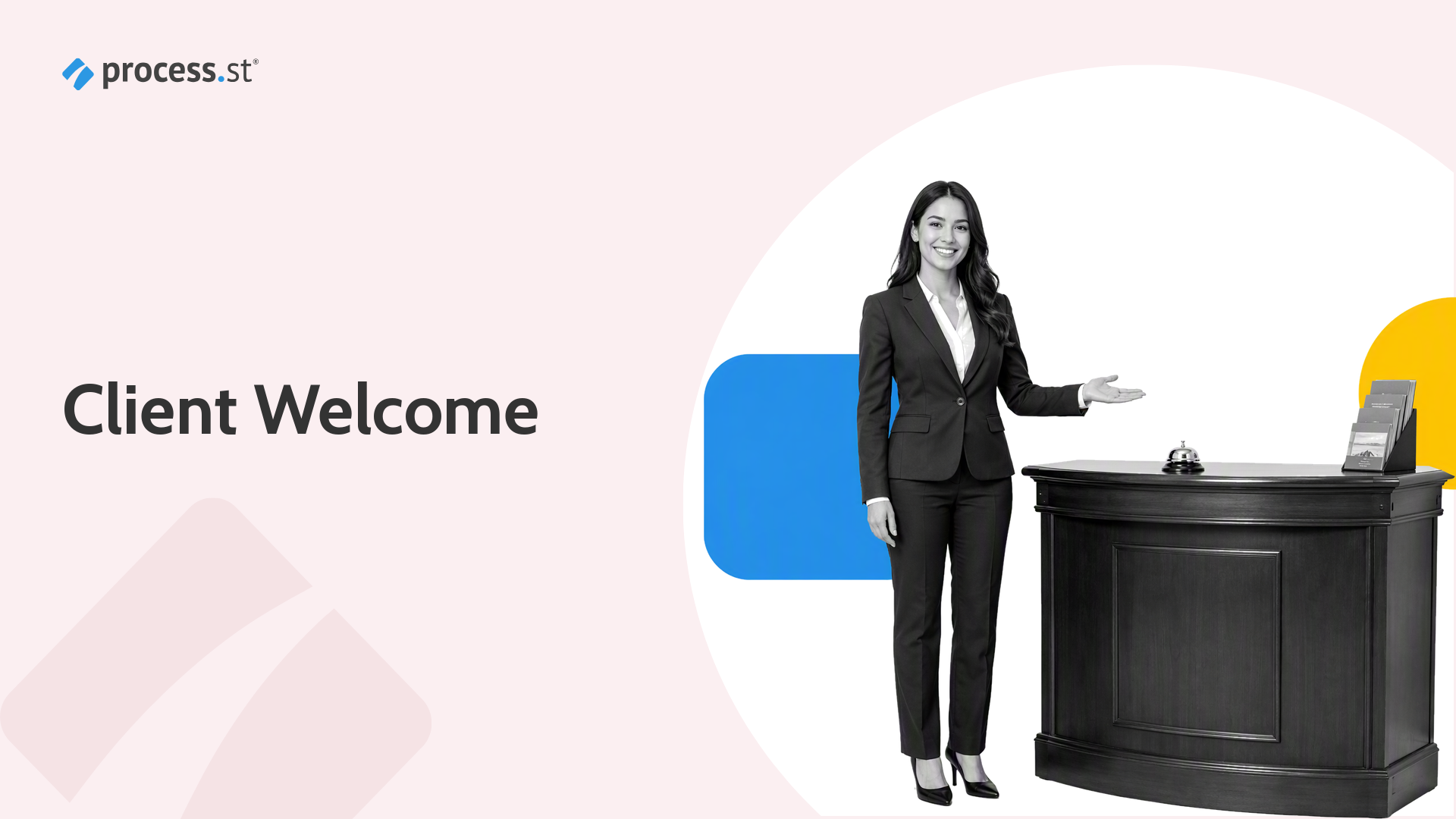 Client onboarding consultant presenting an organized welcome kit for a complete customer handoff