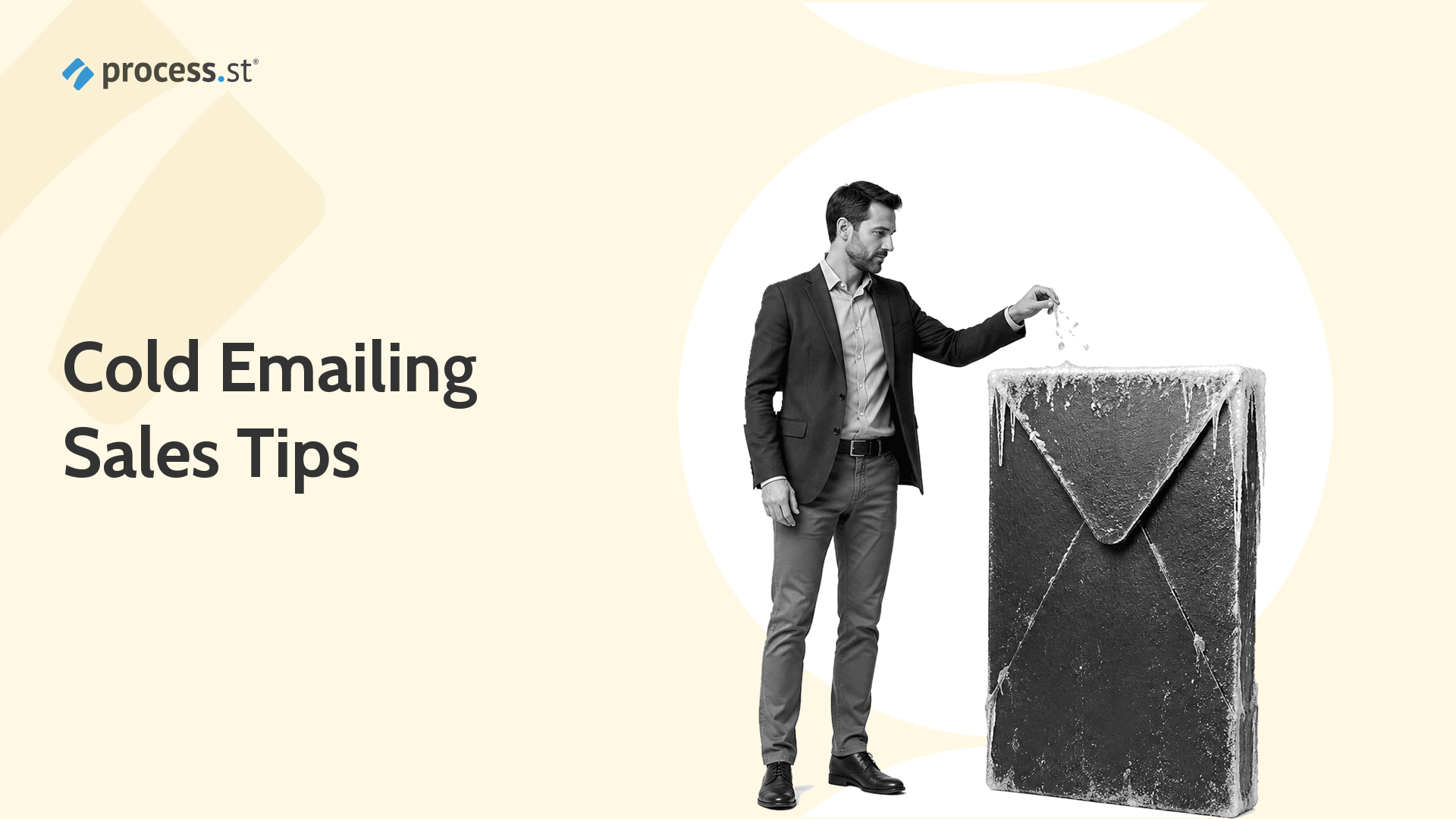Sales leader beside a human-height ice-covered envelope, illustrating focused cold email outreach