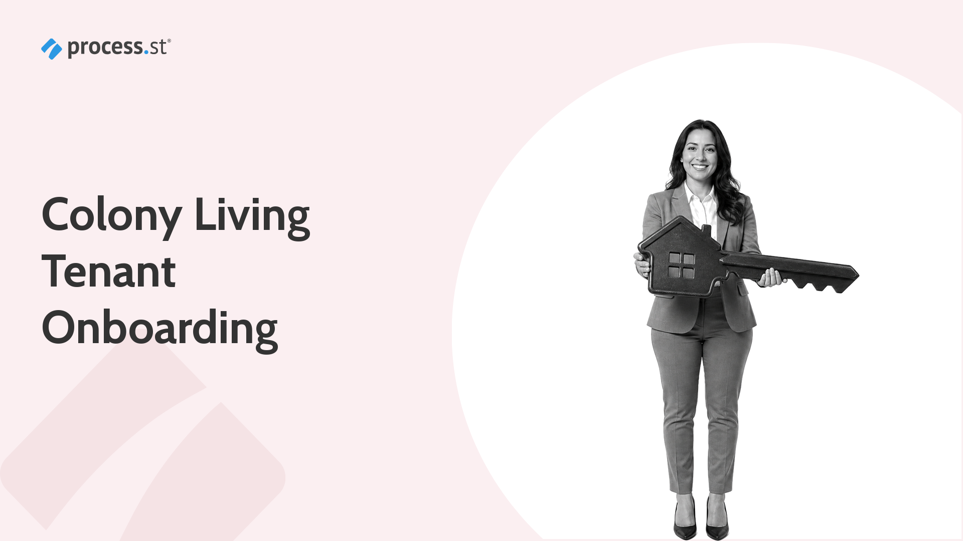 Property operations manager carrying an oversized apartment key for Colony Living tenant onboarding