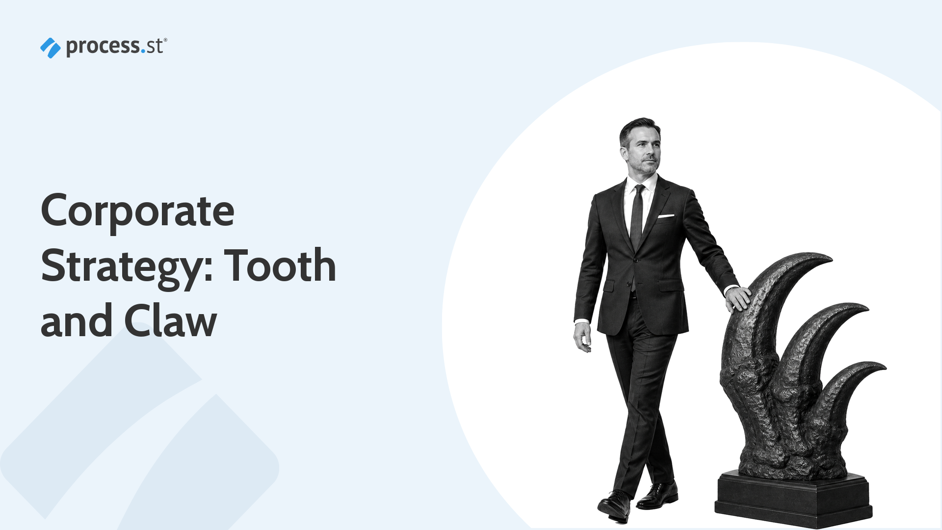 Corporate strategist beside a sculptural claw representing tooth-and-claw competition