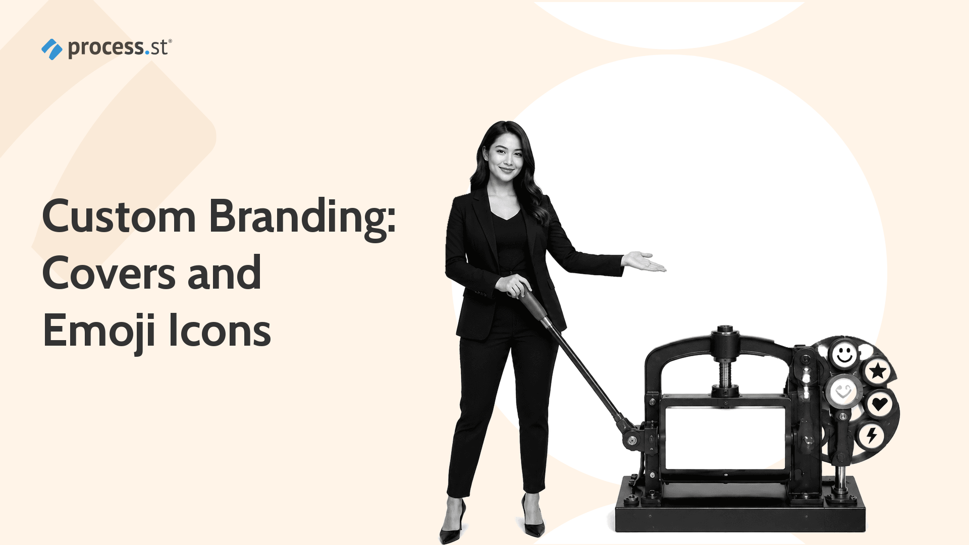 Brand operations manager using a custom cover-image and emoji-icon identity press