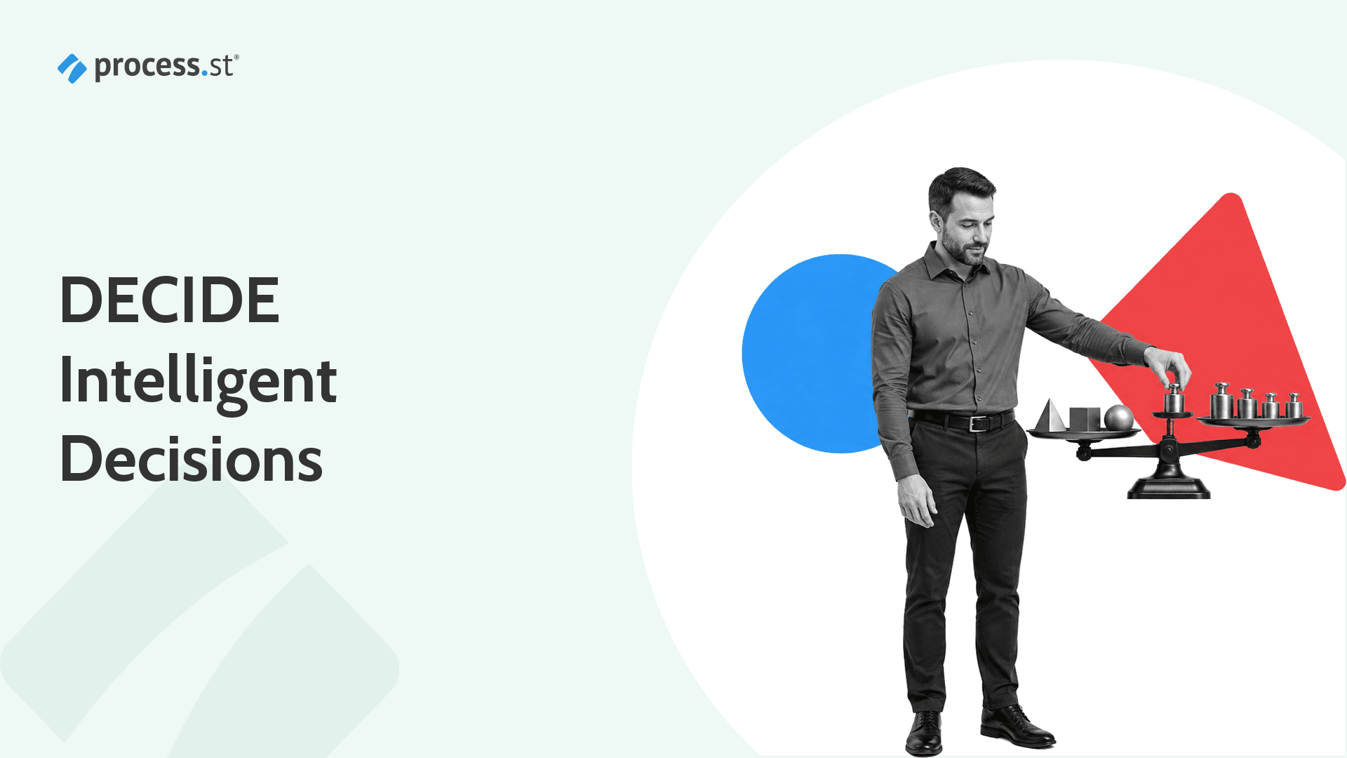 Operations leader weighing alternatives with a decision balance scale