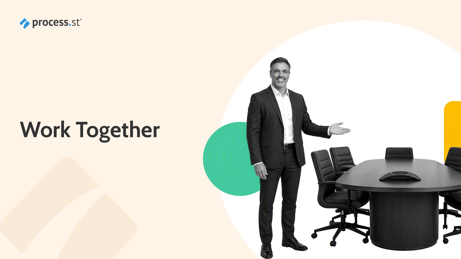 Black-and-white enterprise operations leader connecting team pods into a collaboration hub model.
