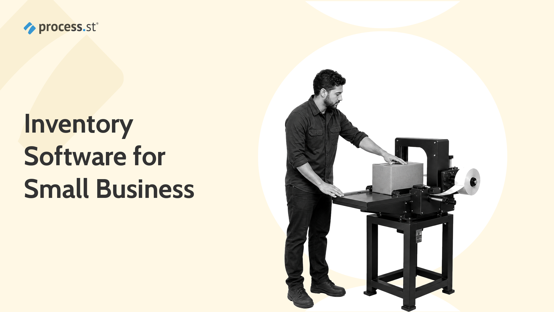 Small business inventory manager guiding a stock box through an automated barcode labeling station