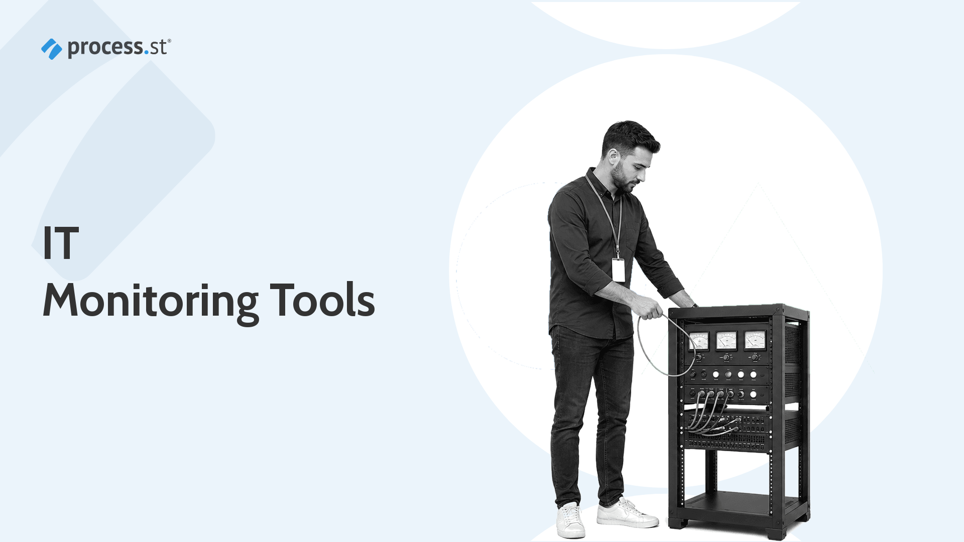 IT monitoring tools represented by an engineer connecting a monitoring lead to a server rack
