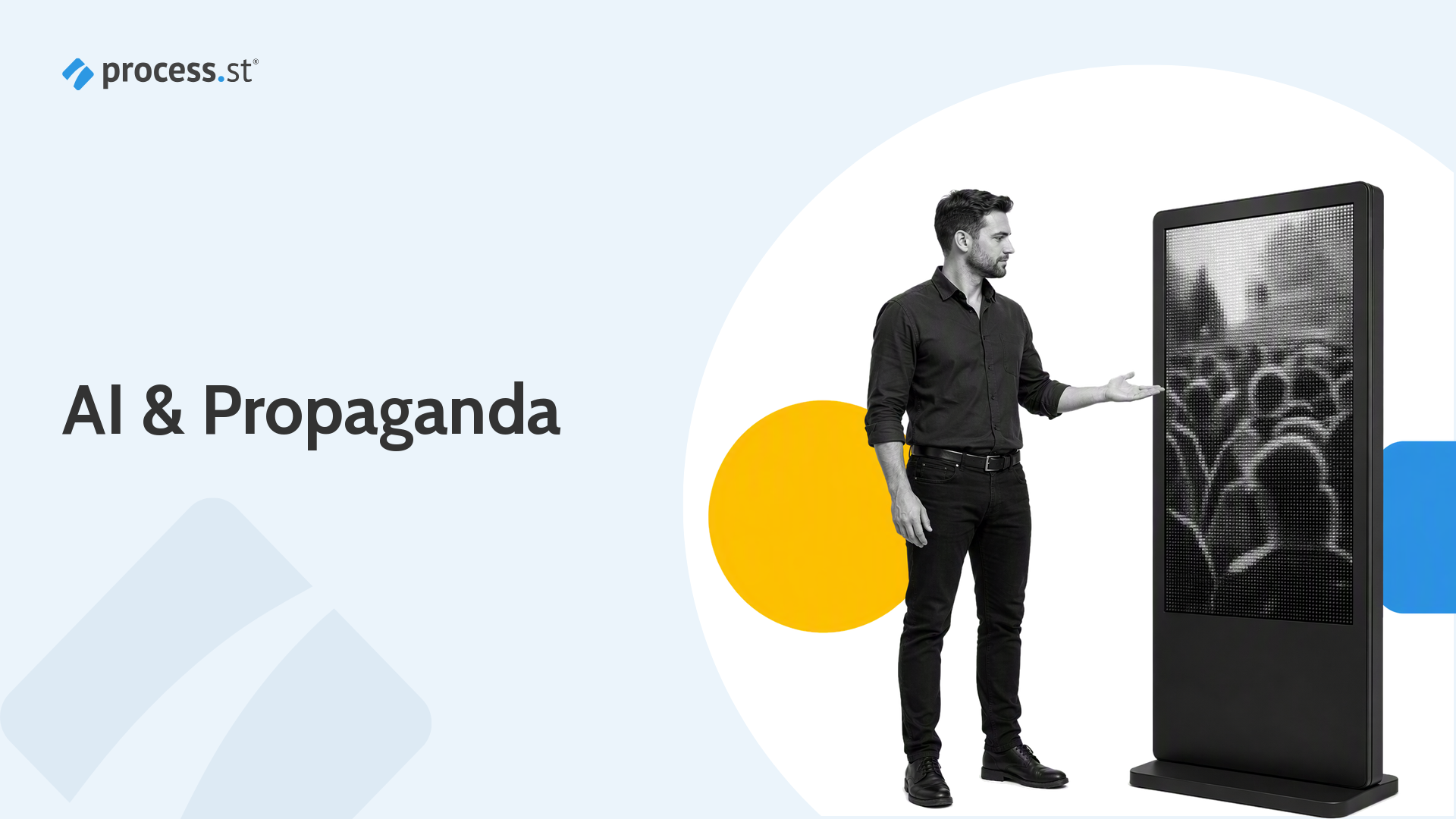 Black and white photo of a person raising a megaphone to broadcast a message, illustrating how AI and technology shape modern propaganda