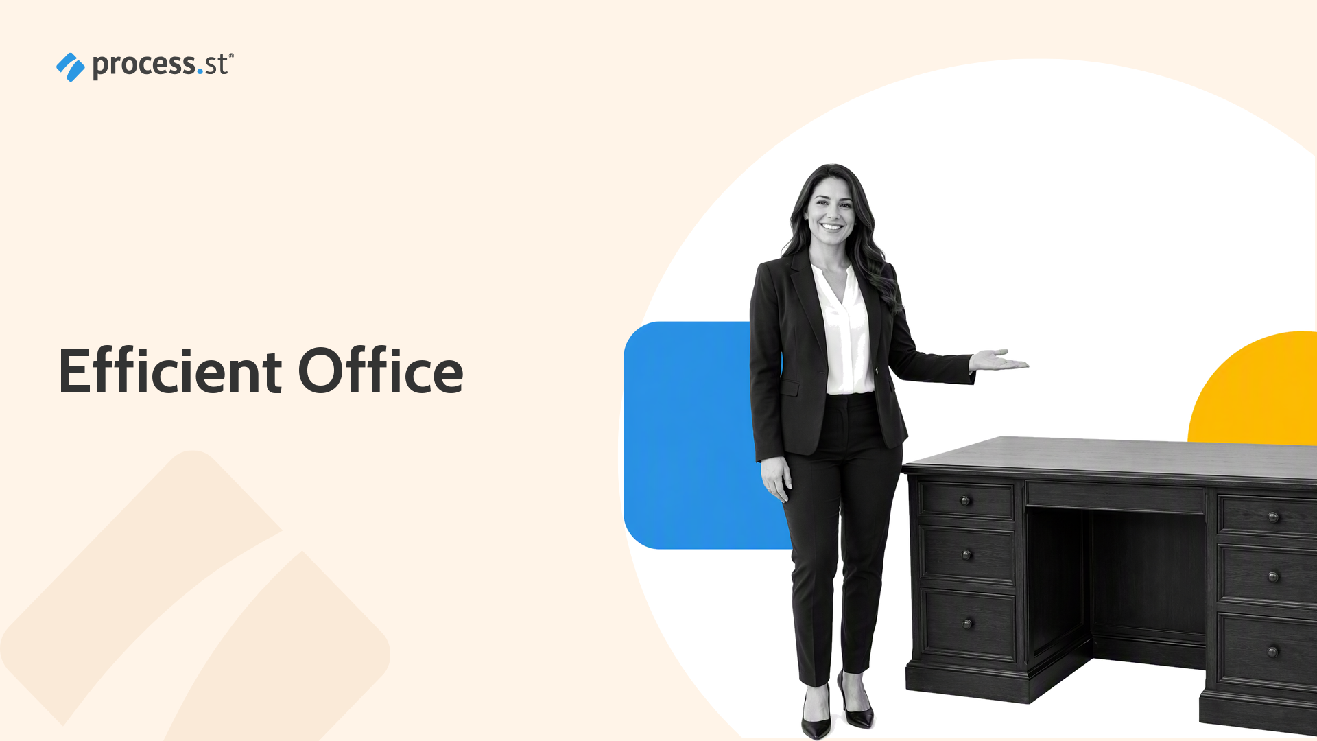 Black-and-white office operations manager presenting a freestanding checklist board for office management routines.