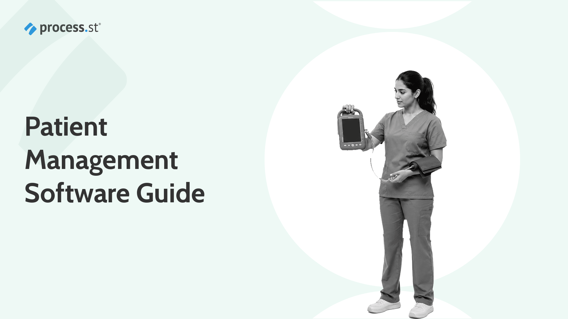 Clinic operations lead holding a handheld patient vitals monitor and blood pressure cuff, illustrating patient management software