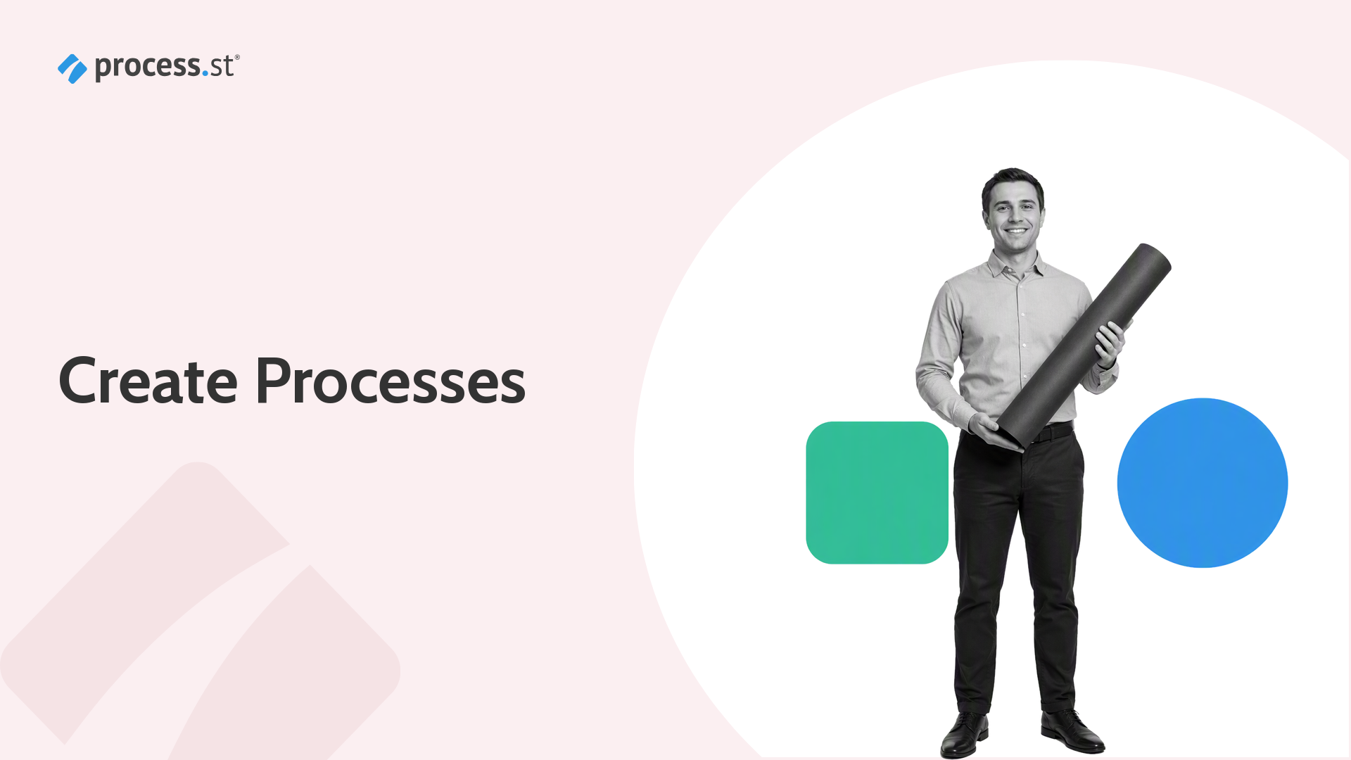 Black-and-white operations manager presenting a process blueprint for absolute beginners creating processes.