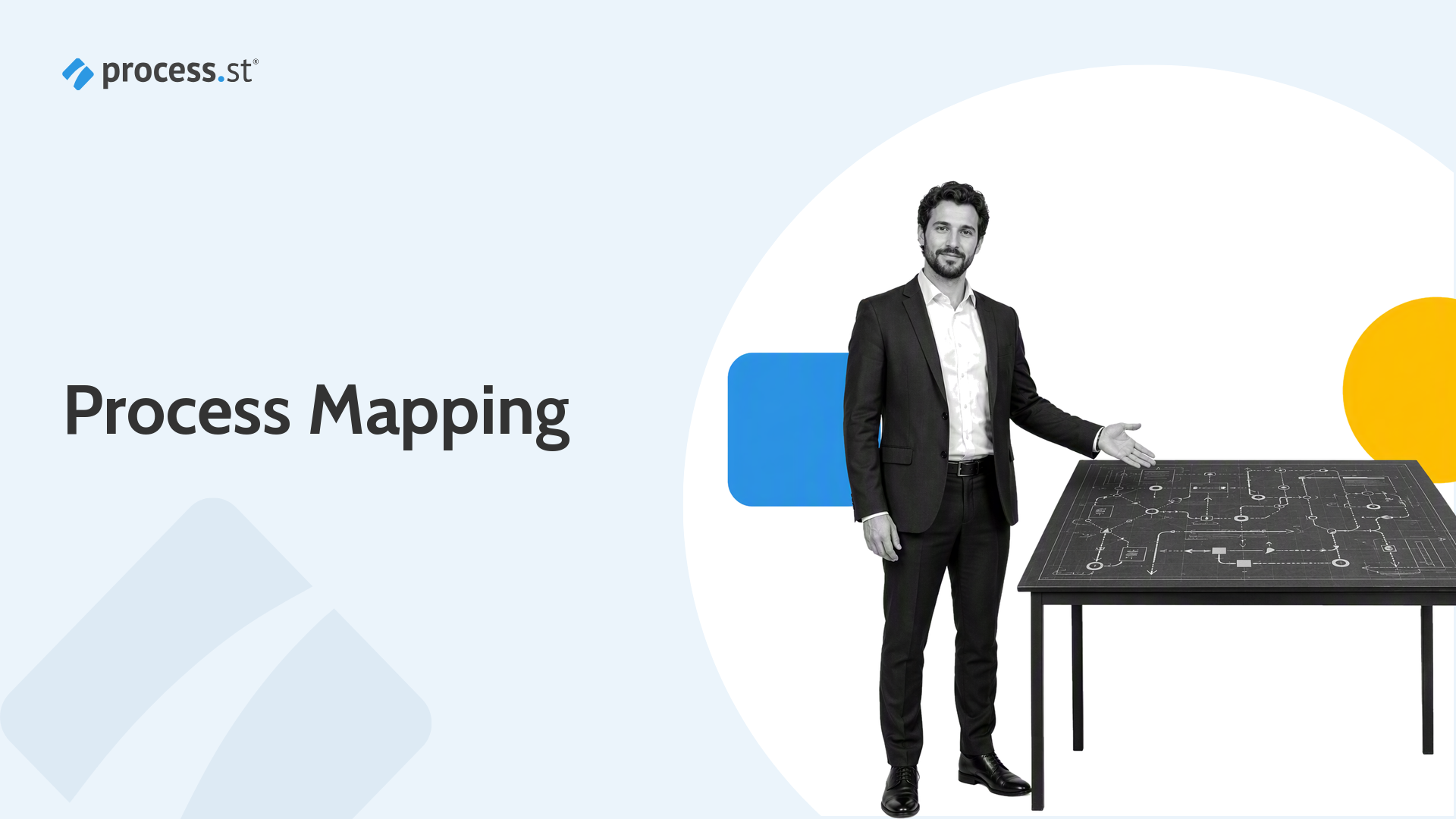 Process mapping guide header showing an operations manager arranging a modular process flow model.