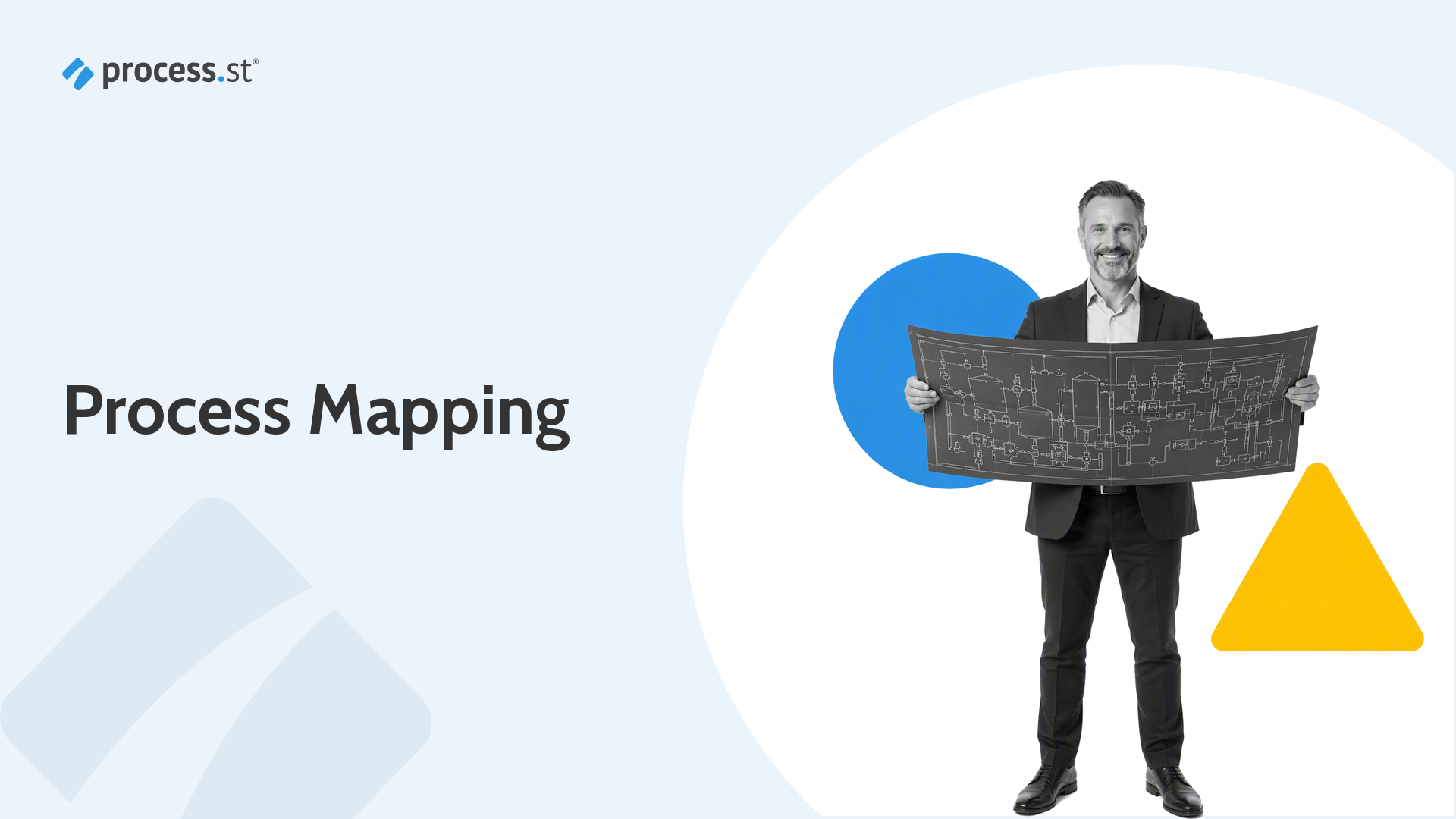 Process mapping template hero showing an operations manager arranging a physical flowchart stencil board.