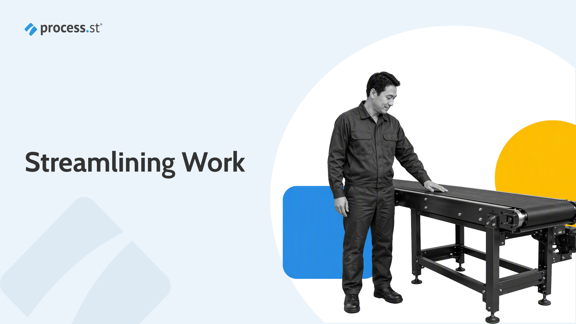 Process operation guide hero image showing an operations lead running a workflow conveyor