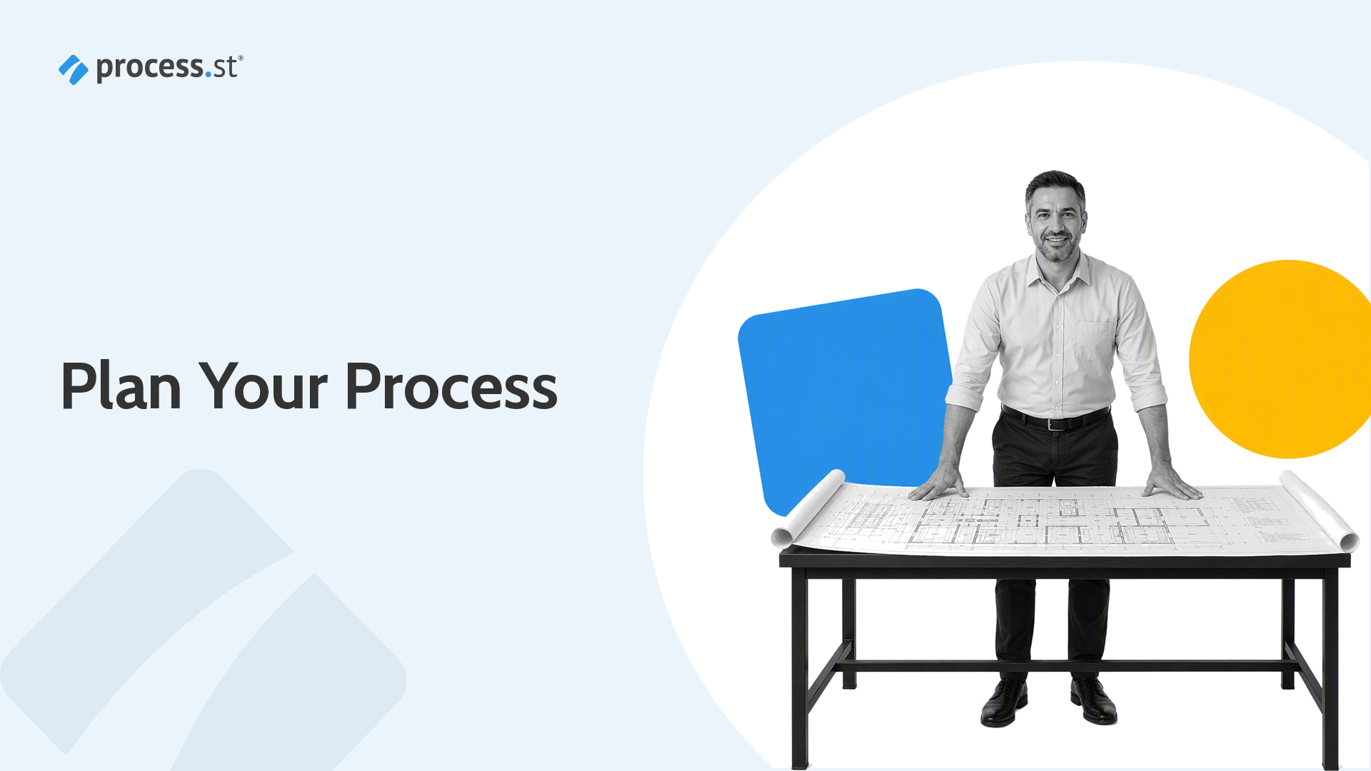 Process planning software guide hero showing an operations leader aligning a route map board.