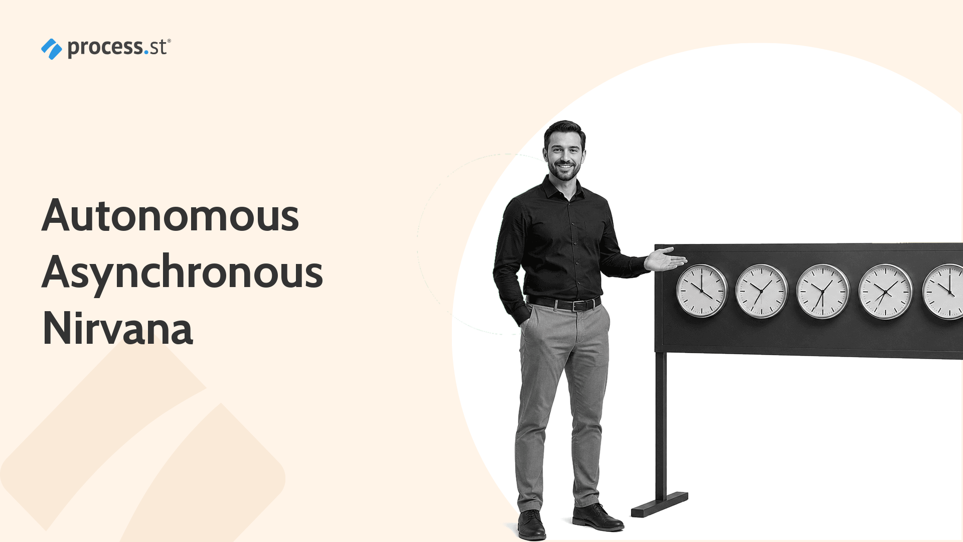 Team operations lead presenting a row of world clocks set to different time zones, illustrating an autonomous asynchronous remote work framework