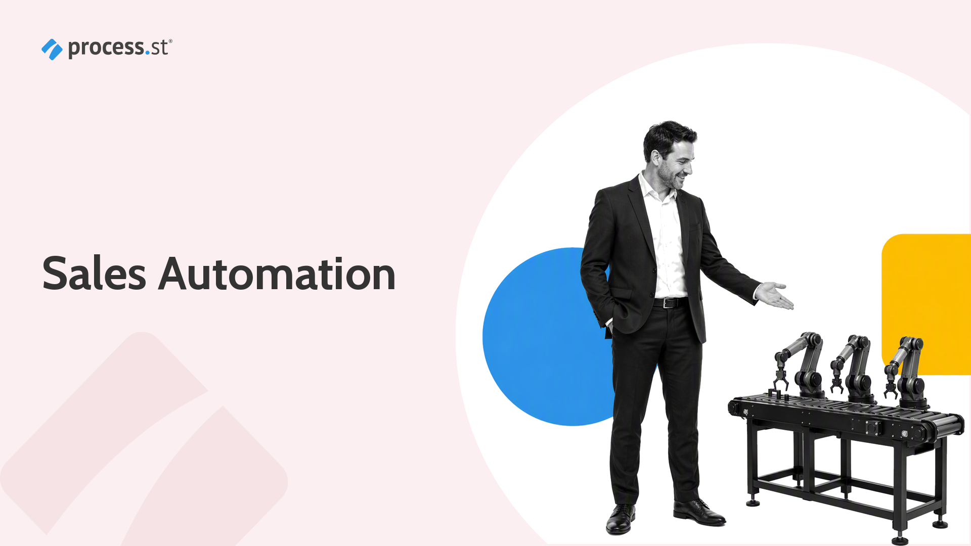 Illustration of an operator running an automated sales pipeline line, representing sales automation software