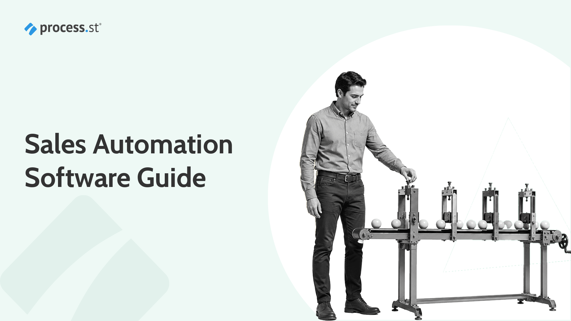 Illustration of an operator running an automated sales pipeline line, representing sales automation software