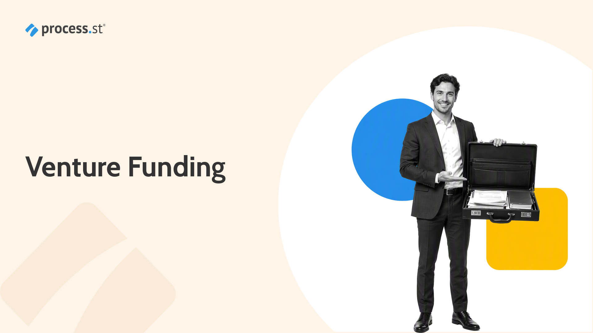 Founder holding a venture funding check with connected workflow modules