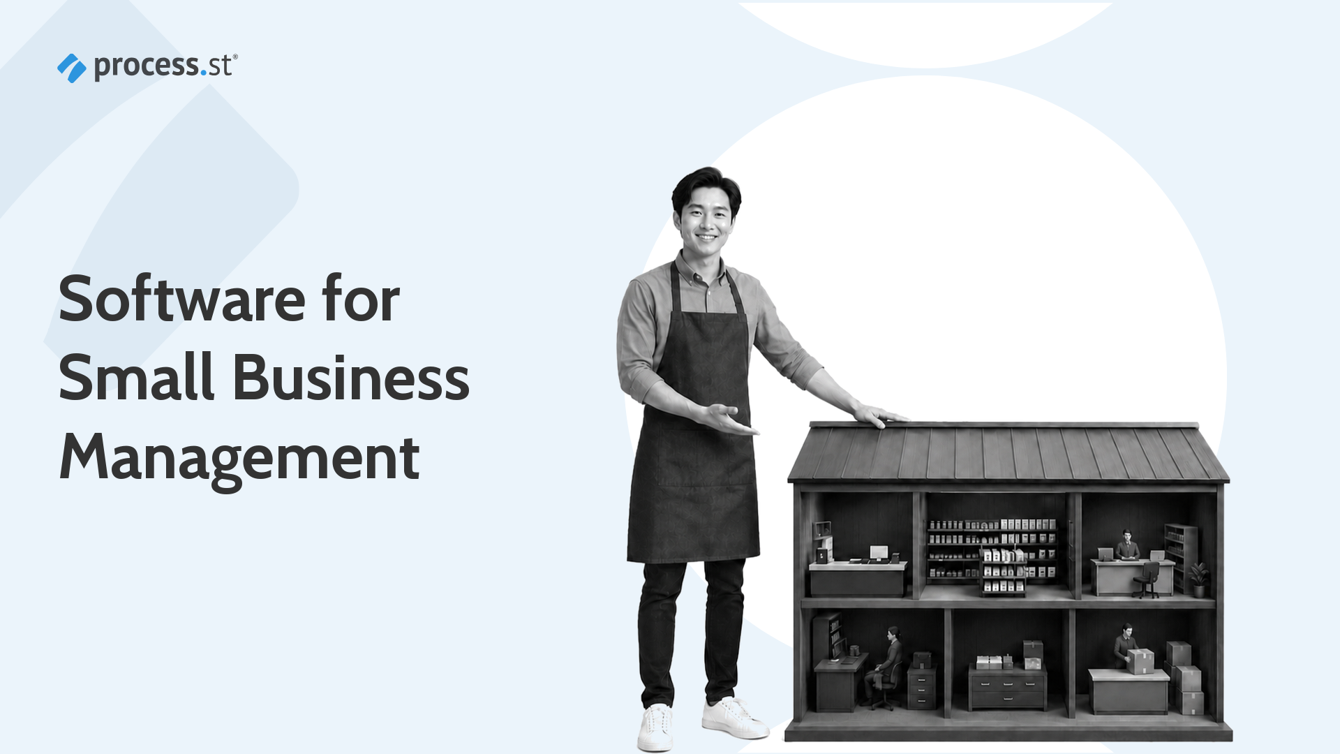 Small business owner managing a cutaway storefront with sales, inventory, finance, staff, and customer service zones