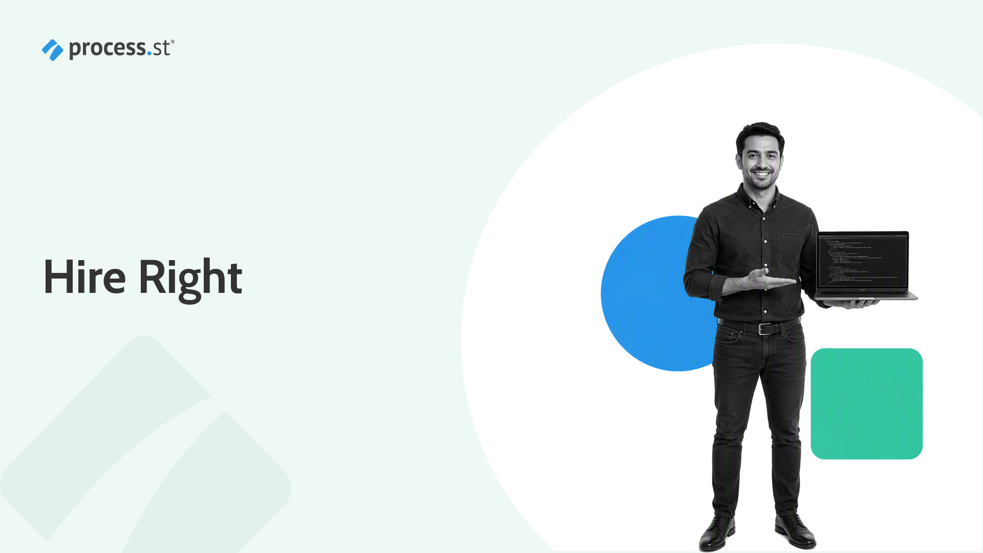 Technical hiring manager holding a question-mark-shaped coding keyboard for a web developer interview