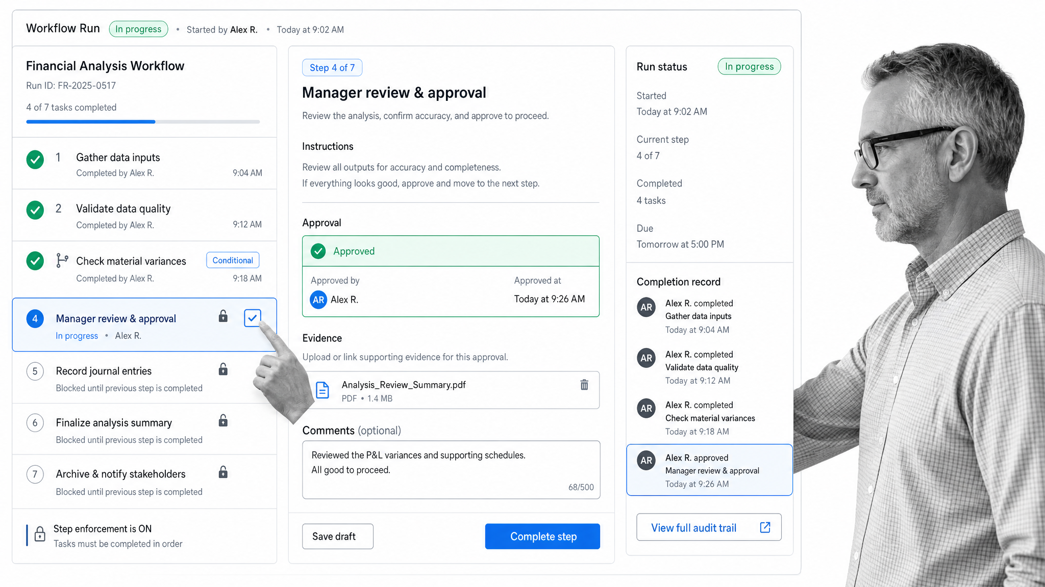Process Street workflow run showing an enforced task checklist, an approval step, and a completion record for process management