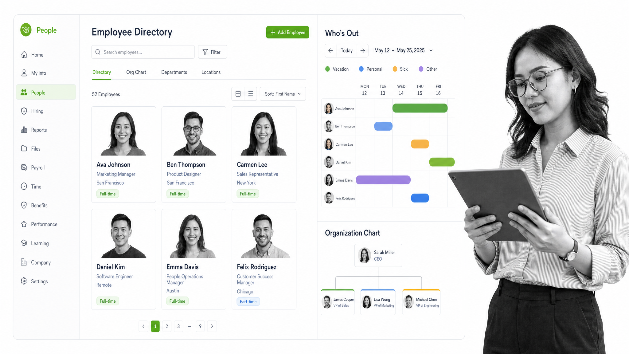 BambooHR HR directory and time off interface showing employee headshots in a directory grid