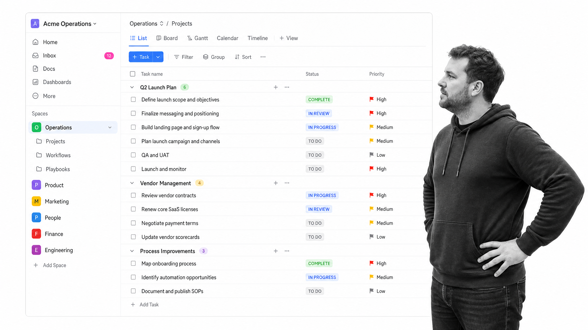 ClickUp spaces and tasks interface showing custom status tags
