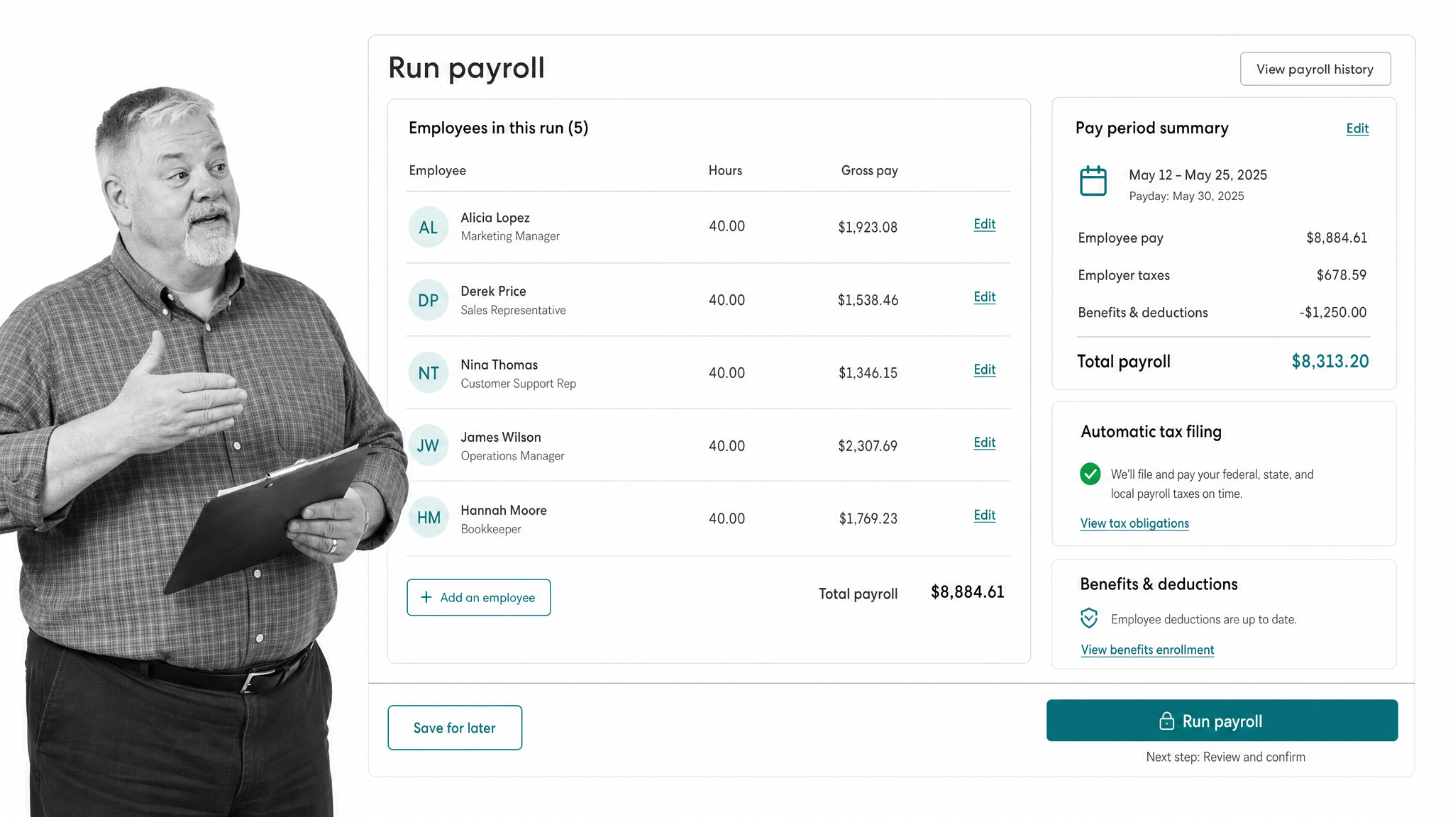 Gusto payroll run interface showing employee rows with hours