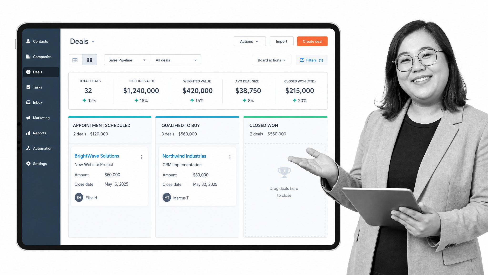 HubSpot deal pipeline interface showing stage columns (Appointment, Qualified, Closed)