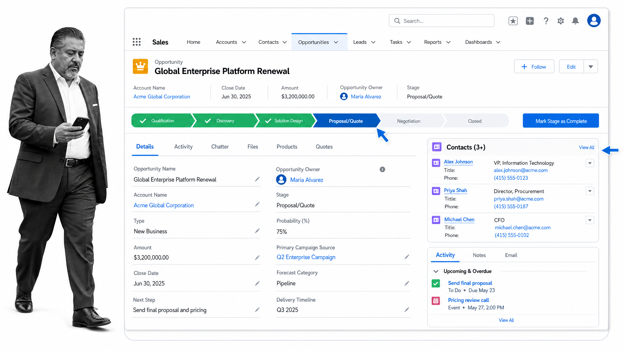 Salesforce opportunity record interface showing opportunity stage path