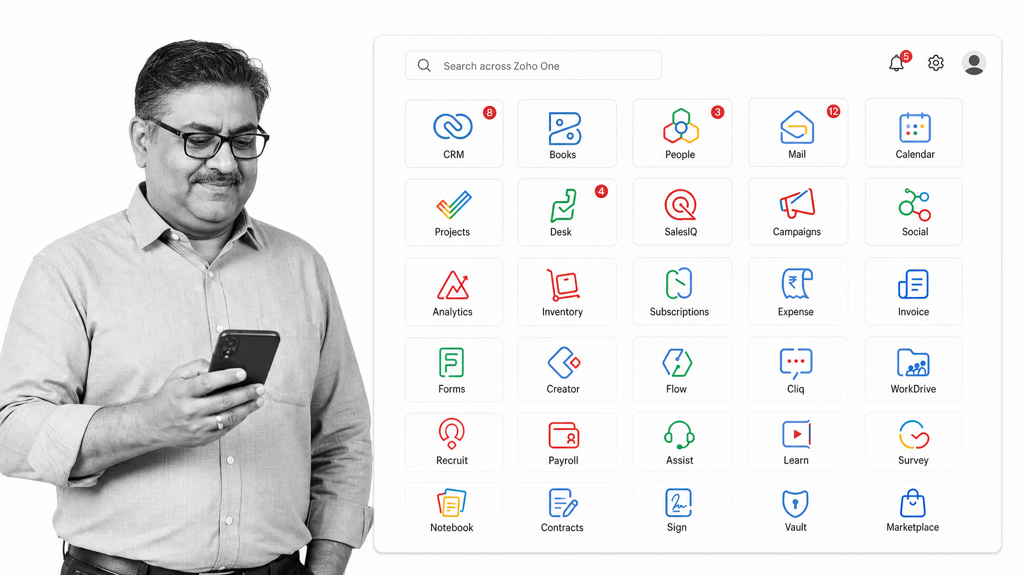 Zoho One app launcher interface showing distinct app tiles (CRM, Books, People)