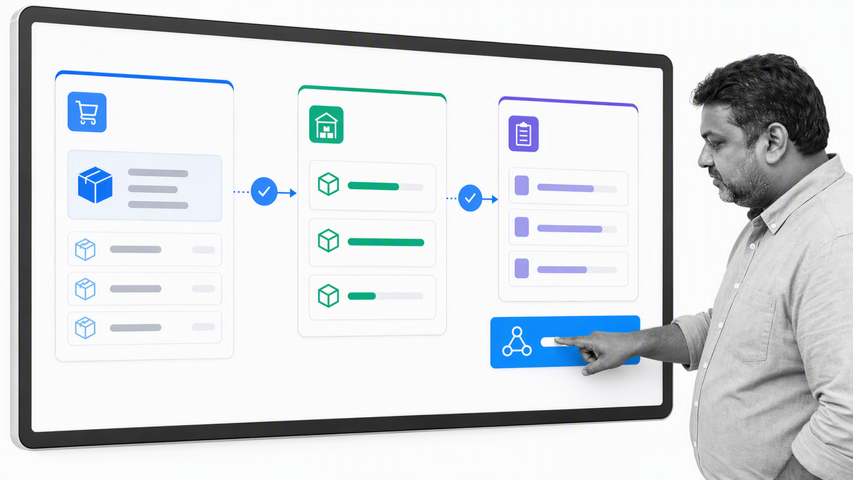 Zoho One operations workspace connecting a customer order with inventory and project delivery
