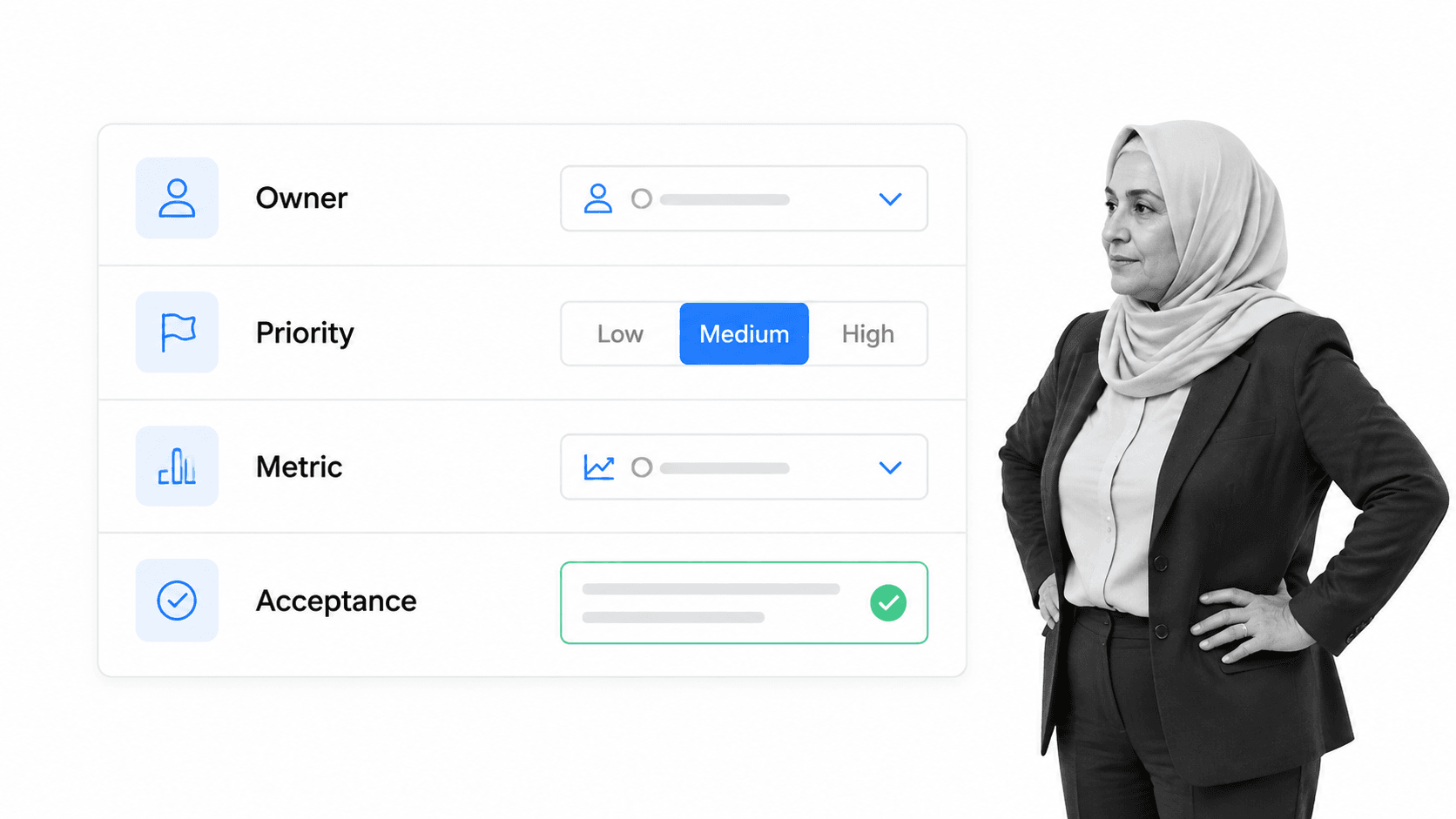 Owner, priority, metric, and acceptance criteria recorded for one requirement
