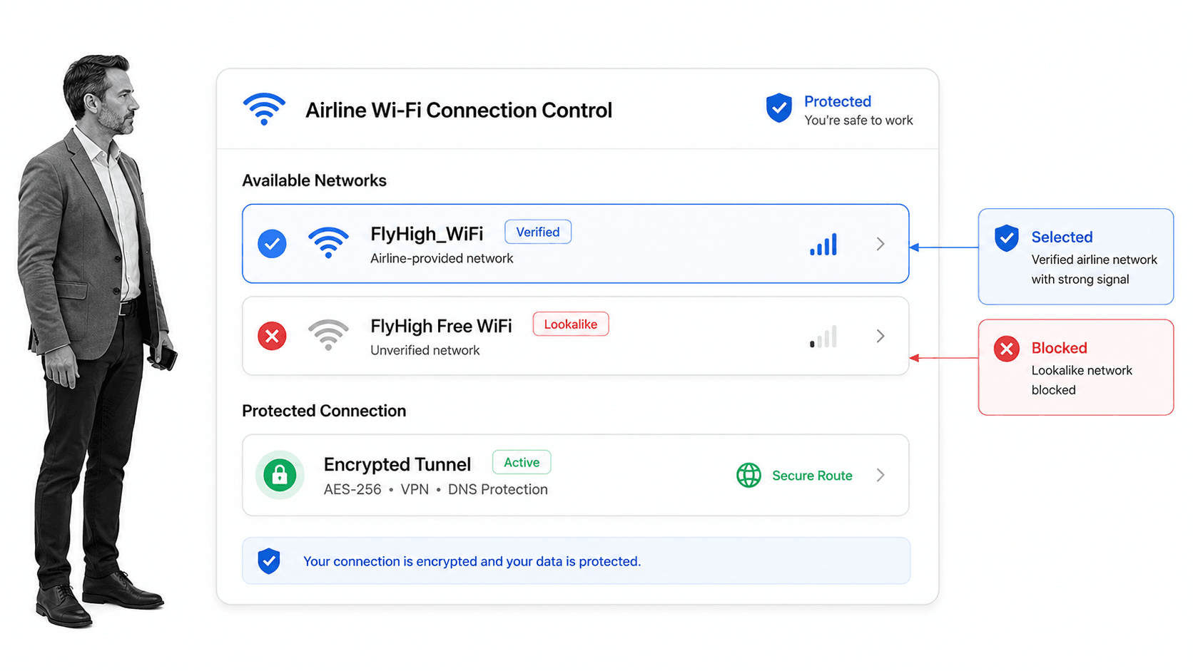 Traveler reviewing verified airline Wi-Fi connection controls
