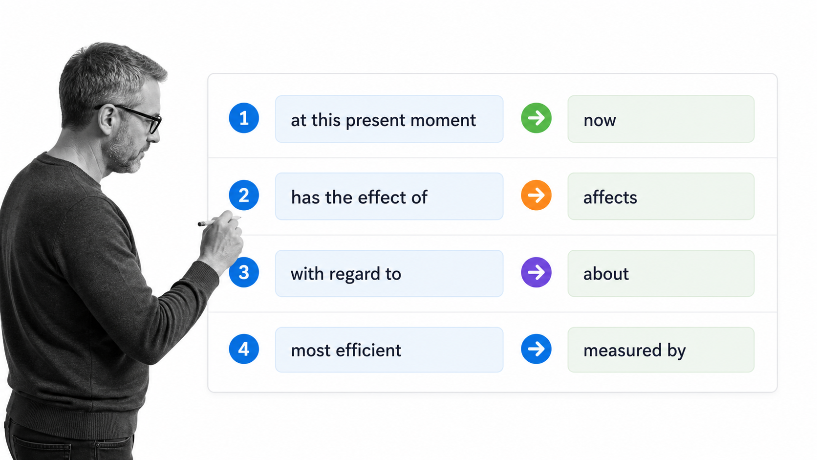 Four cluttered business phrases rewritten as clear plain-language instructions