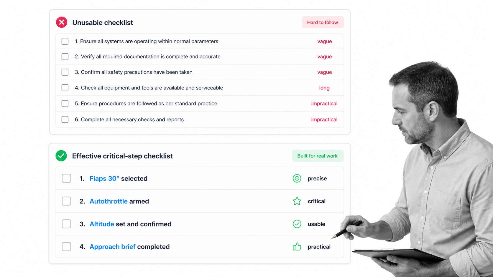 Unusable checklist compared with an effective critical-step checklist