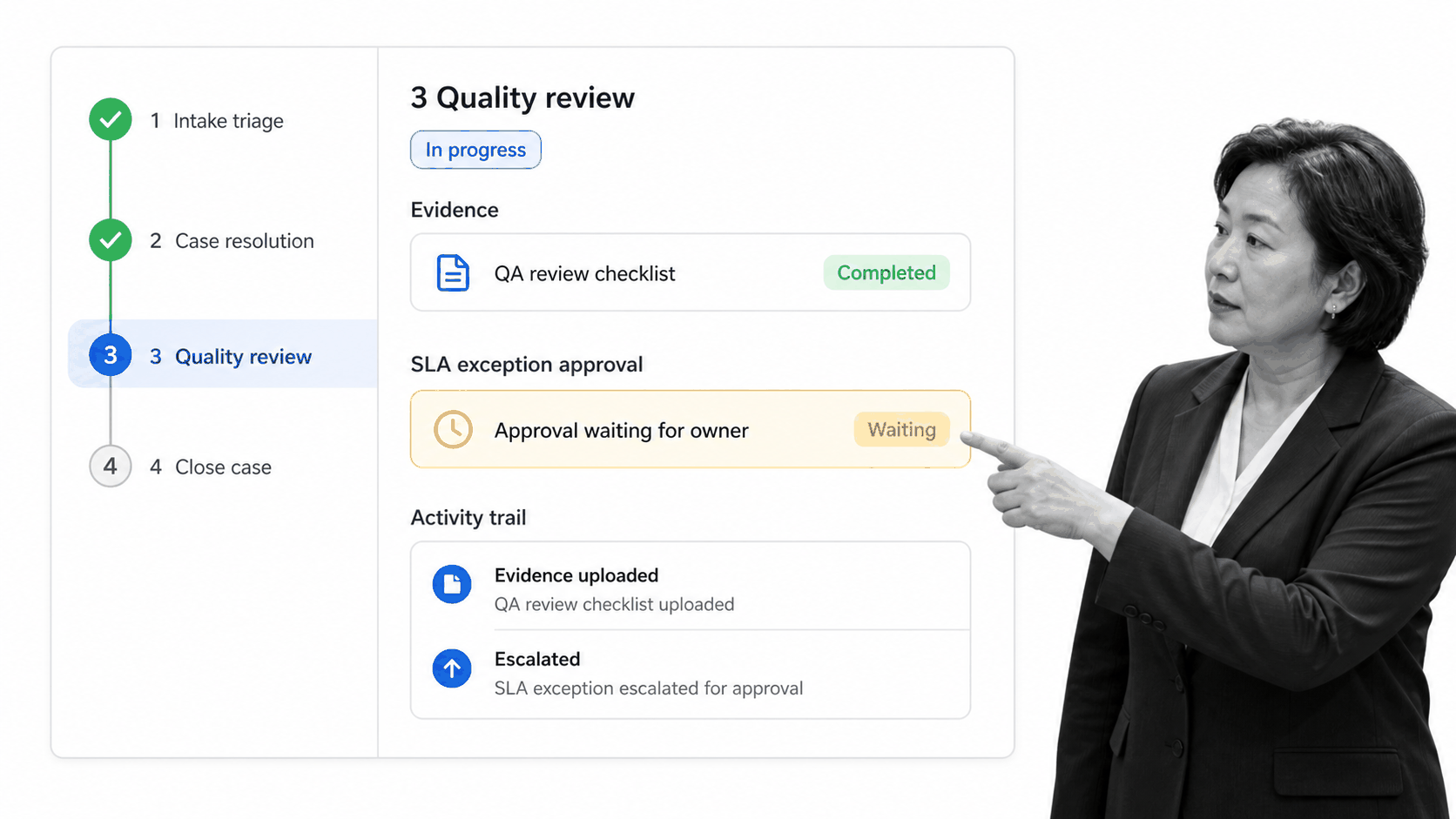 Evidence-based quality review workflow for customer support operations