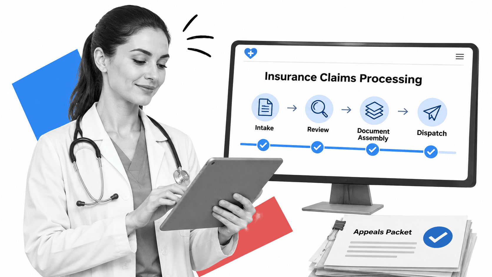 Organized healthcare workspace with unified workflow dashboard for insurance claims processing