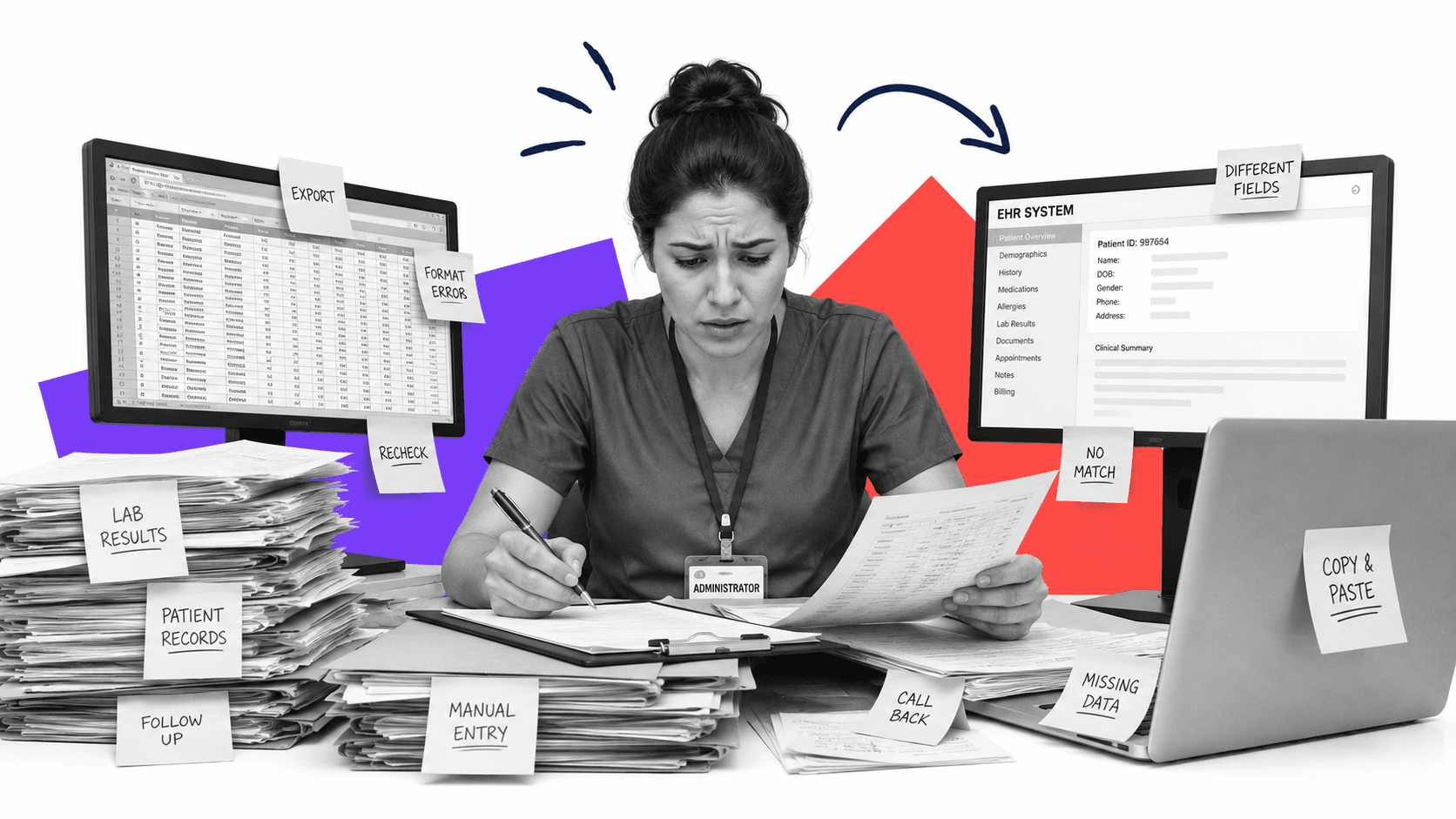 Healthcare administrator managing fragmented tools and manual data entry across disconnected systems