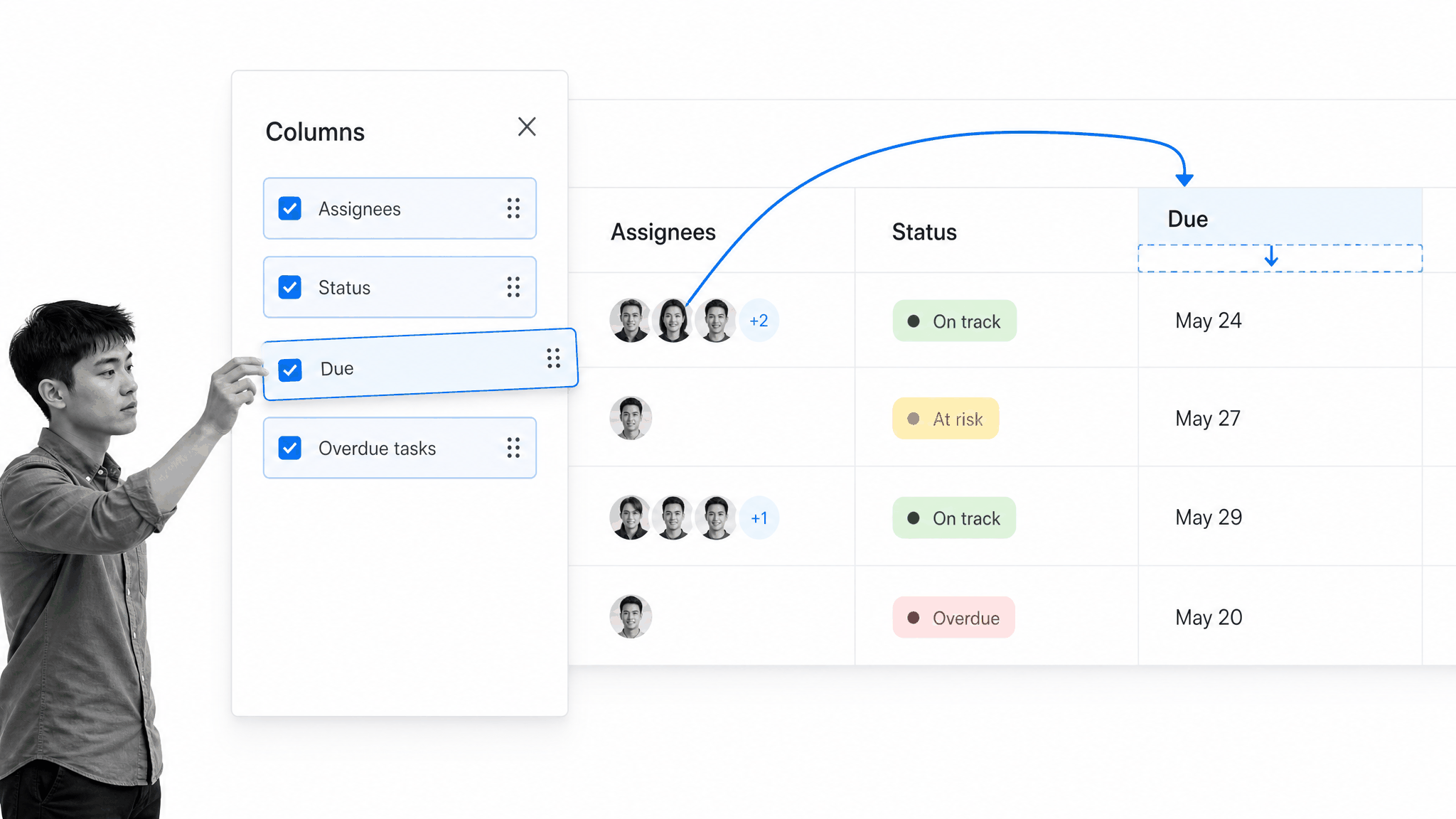 Custom report columns for assignees status due dates and overdue tasks