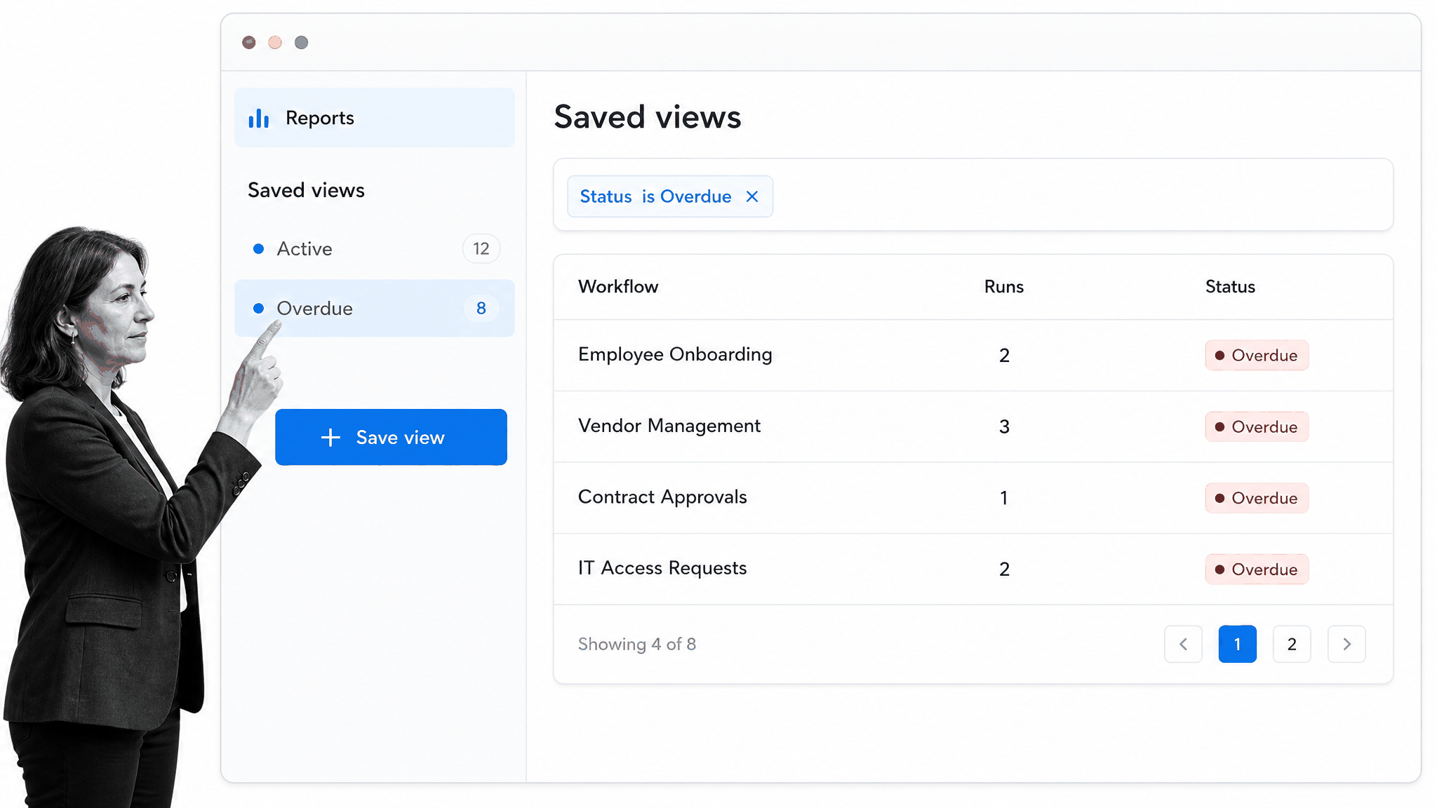 Saved views in Process Street Reports with overdue workflow runs
