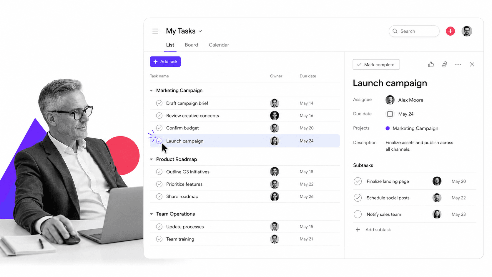 Asana My Tasks list with owner avatars, view tabs, and a task detail pane of subtasks