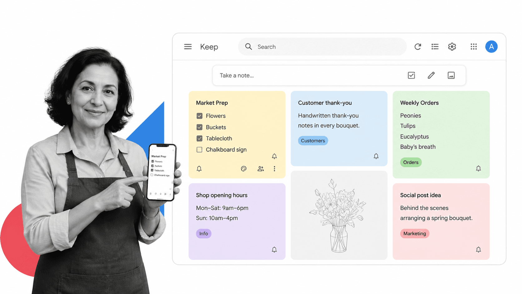 Google Keep note card grid with a checklist card, labels, and a reminder