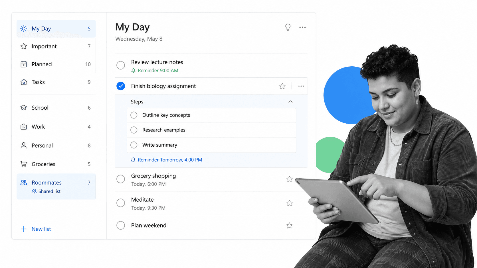 Microsoft To Do My Day list with round check circles, Steps subtasks, and a list rail