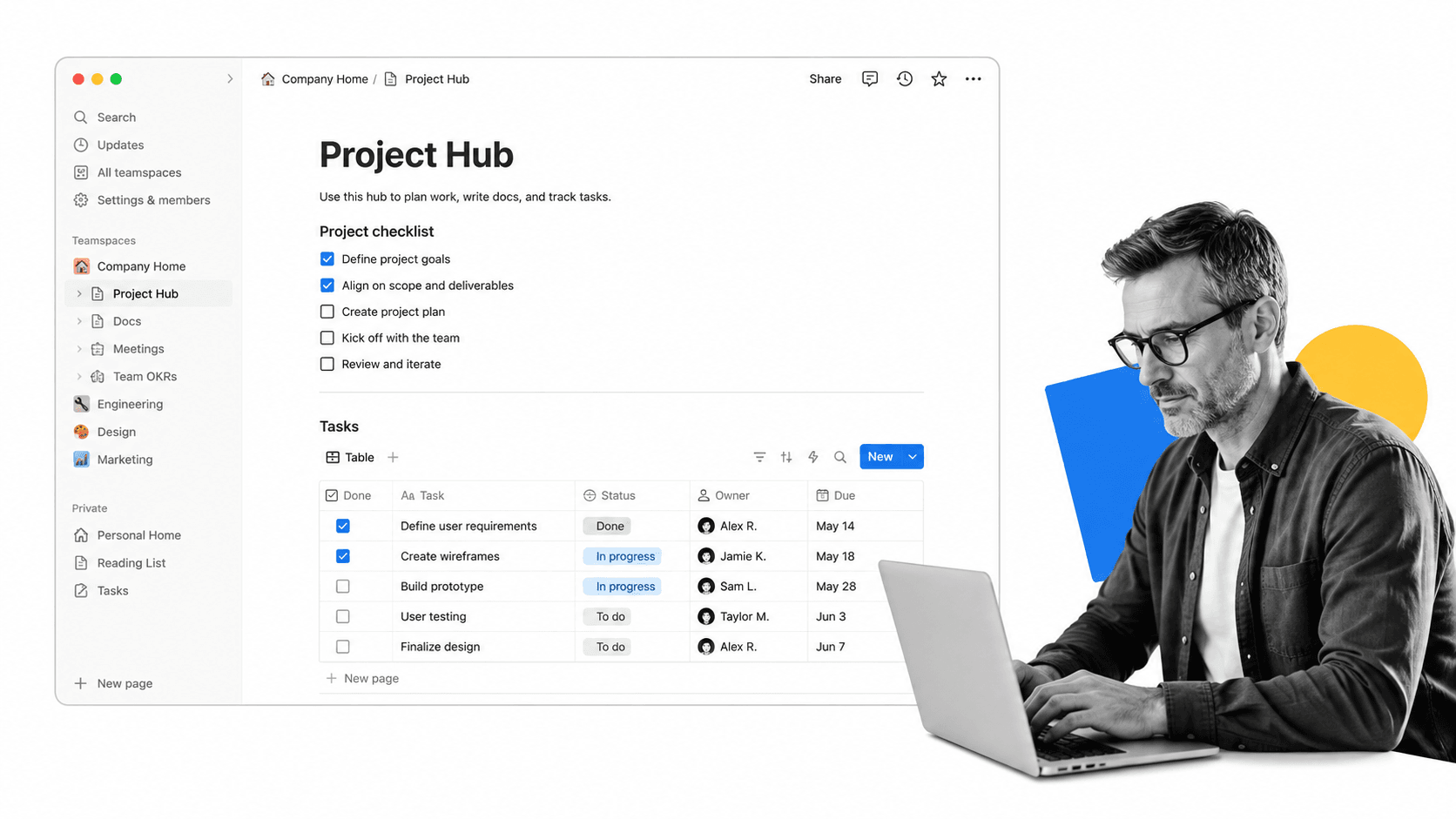 Notion page with inline to-do checkboxes next to a linked task database
