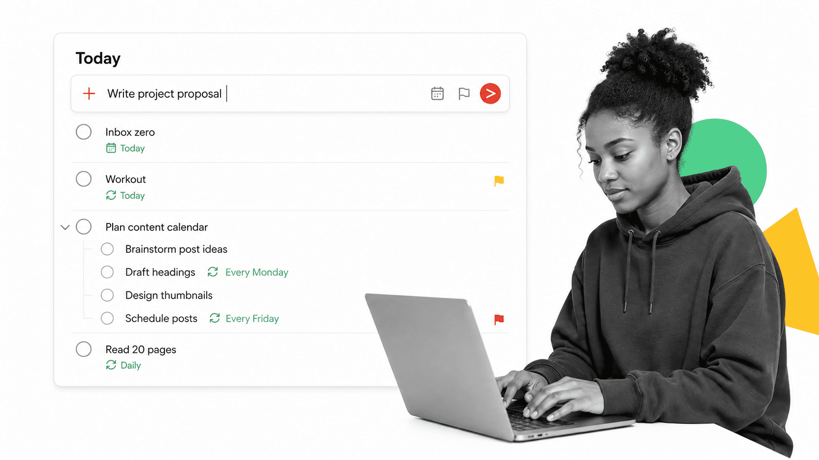 Todoist Today list with round checkboxes, a quick-add bar, and recurring sub-tasks