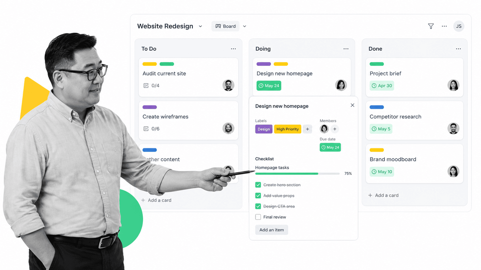 Trello Kanban board with an open card showing an in-card checklist and progress bar