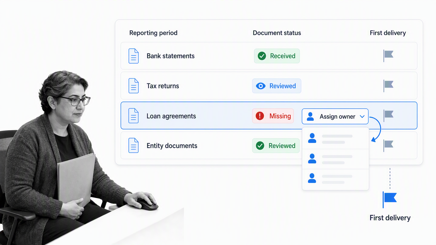Accounting firm client onboarding queue showing requested, missing, and reviewed records before first delivery.