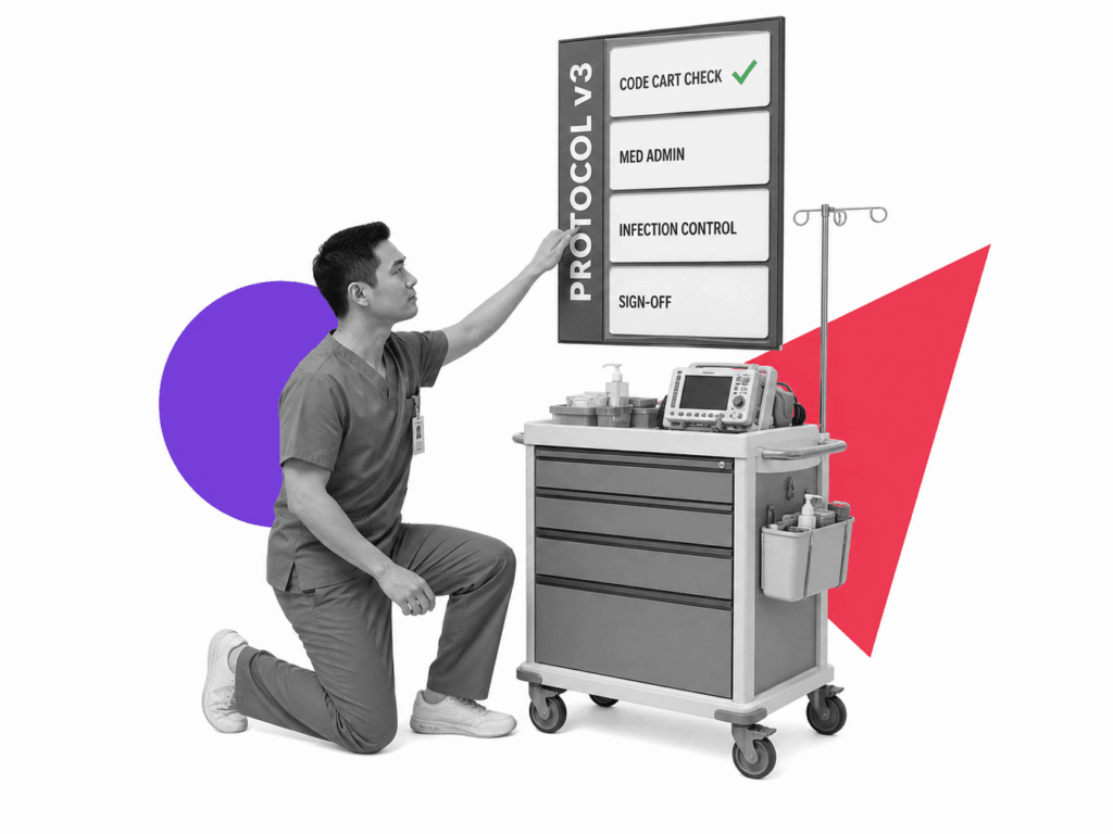 Clinical operations lead in scrubs kneels beside a crash cart, checking a procedure board of labeled clinical steps.