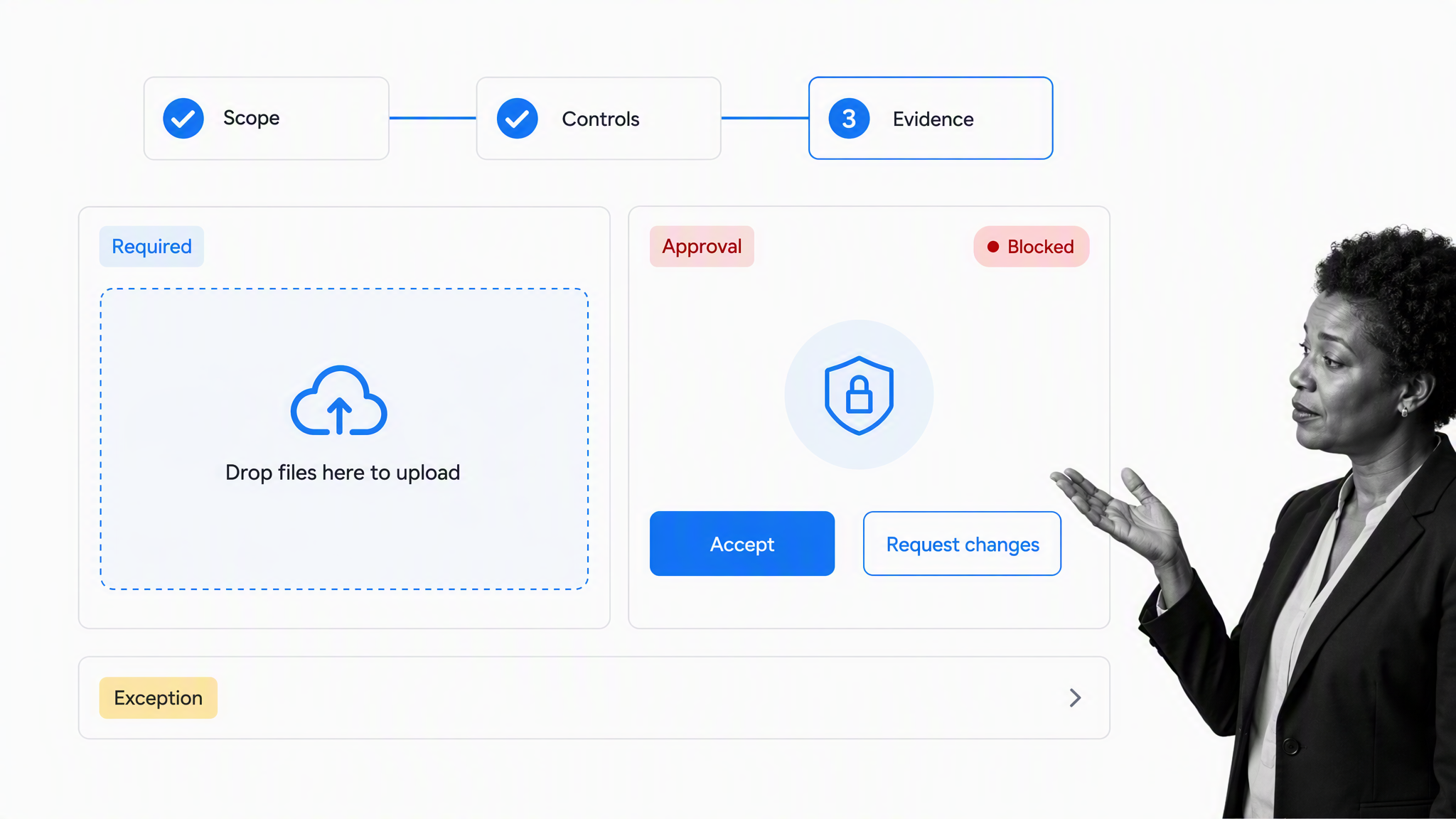 Process Street compliance audit preparation software showing one evidence request blocked at an approval gate until the reviewer accepts the proof