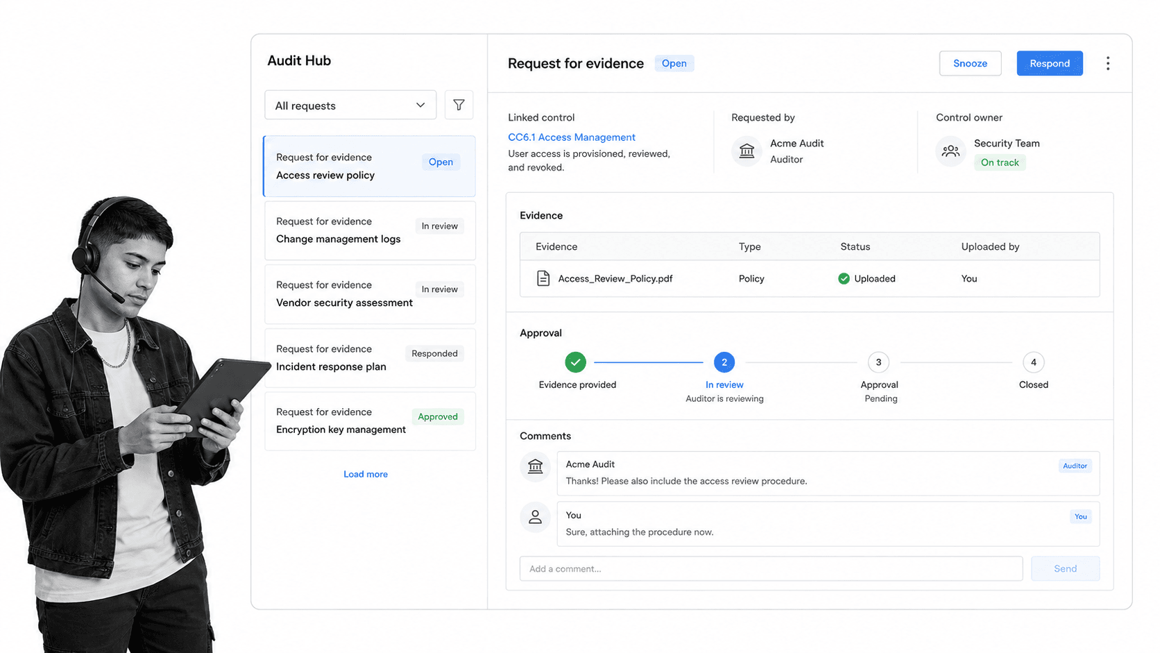 Drata Audit Hub request with linked evidence and approval checkpoint